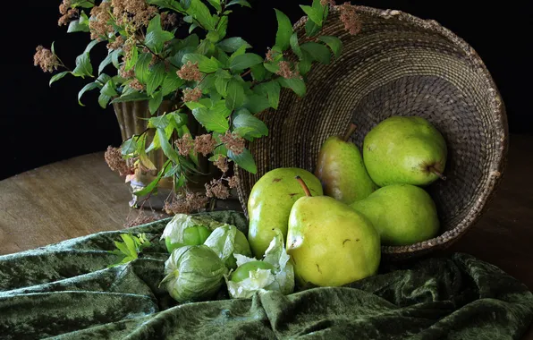 Flower, basket, pear, tablecloth