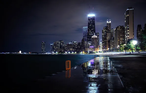 Picture road, night, the city, lights, river, building, home, skyscrapers