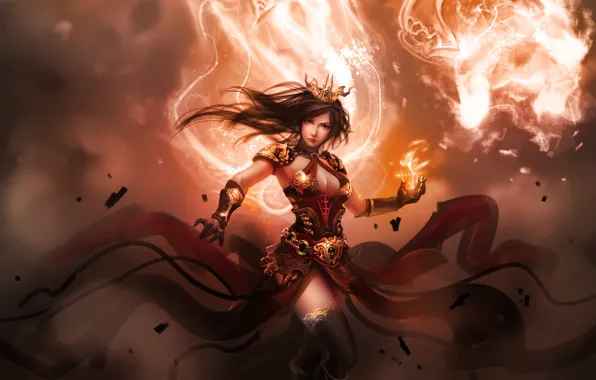 Picture girl, flame, magic, armor, sorceress