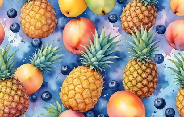 Berries, apples, texture, blueberries, fruit, blue background, pineapples, imitation of watercolor