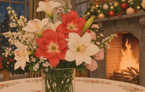 Balls, flowers, table, fire, Lily, bouquet, Christmas, New year