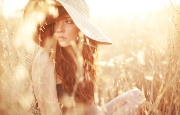 Picture hat, freckles, summer, girl, field