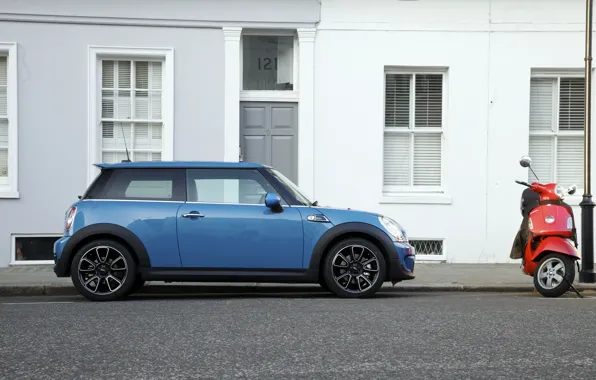 Auto, Blue, House, Moped, Mini Cooper, MINI, Mini Cooper