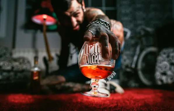 Glass, tattoo, guy, whiskey, Nask Photo