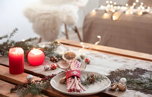 Balls, branches, sofa, Board, candles, fruit, plate, Christmas