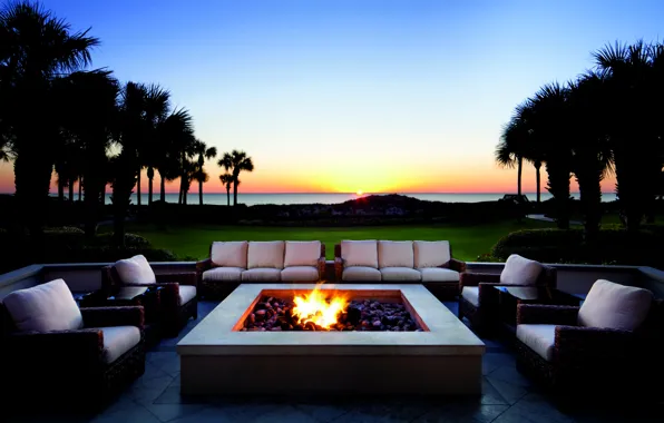 The sky, the sun, landscape, sunset, palm trees, the ocean, fire, furniture