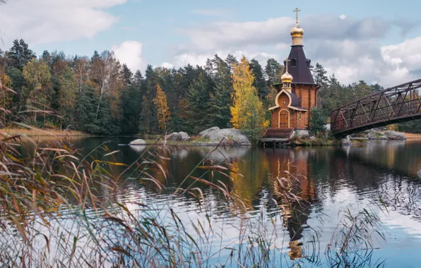 Autumn, forest, grass, bridge, nature, river, stones, Church