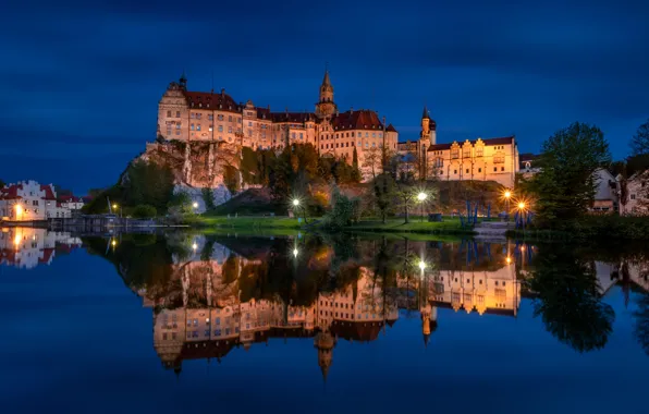 Night, rock, reflection, river, castle, Germany, lights, Germany