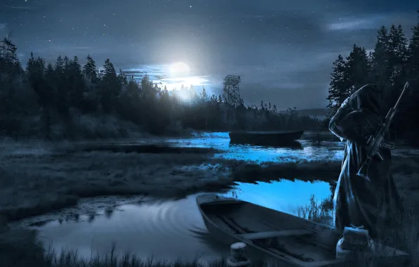 Night, glow, boats, Stalker, pond, observation