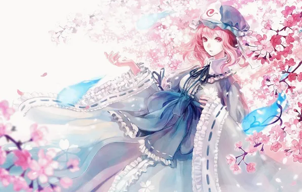Bow, cap, ruffles, pink hair, Saigyouji Yuyuko, thingies, Touhou Project, the fluffy skirt