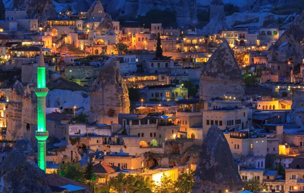 Trees, lights, stones, home, the evening, lights, Turkey, the view from the top