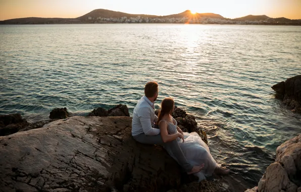 Landscape, sunset, romance, lovers, look into the distance, coast, a pair of lovers, sunset on …