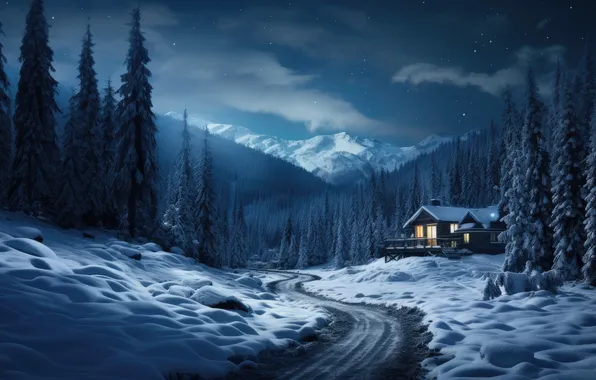 Winter, forest, snow, mountains, night, nature, house, house