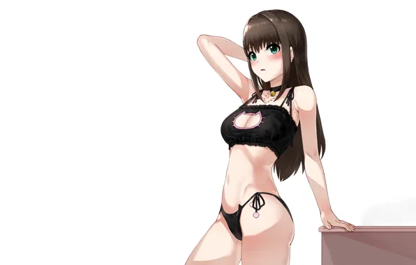 Girl, sexy, lingerie, bra, cleavage, panties, green eyes, long hair