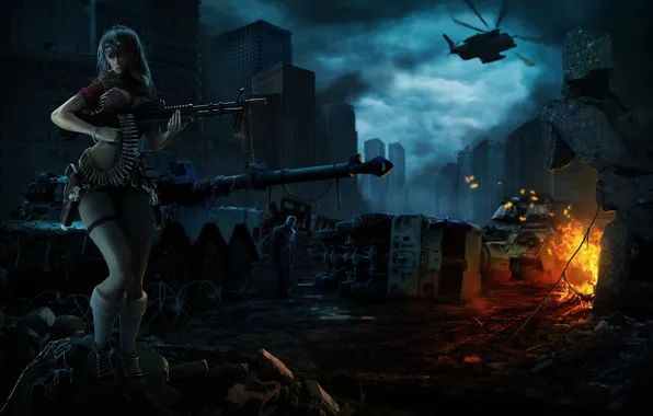 Picture girl, machine, night, the city, weapons, fire, art, zombies
