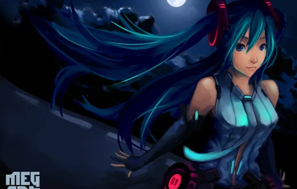 Picture girl, night, the wind, the moon, art, Vocaloid, sitting, Miku Append