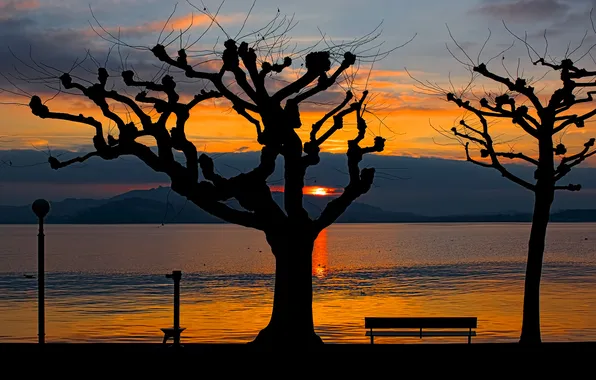 The sky, trees, sunset, mountains, lake, silhouette, bench