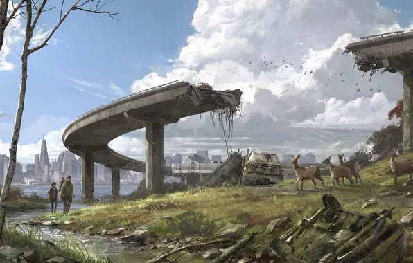 Picture animals, bridge, the city, ruins, Ellie, USA, The Last of Us, Joel