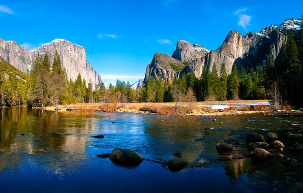 Forest, mountains, nature, river, stones, Yosemite, National park, Valley View