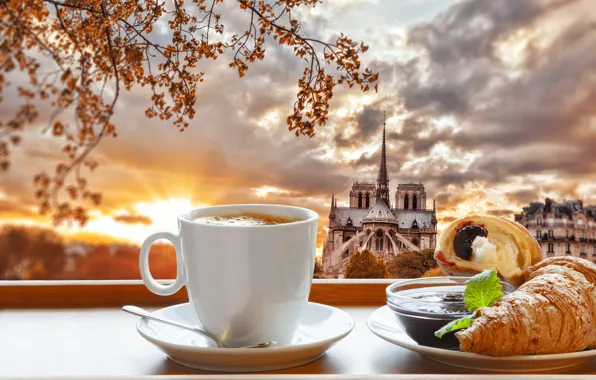 Picture Paris, coffee, Breakfast, Paris, cathedral, France, Our Lady, cup