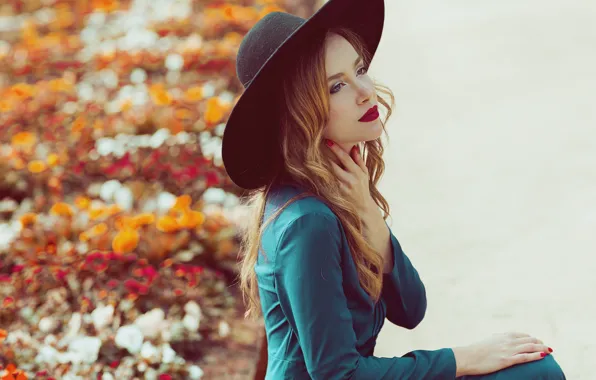 Picture look, girl, face, style, hair, hat, dress, lipstick