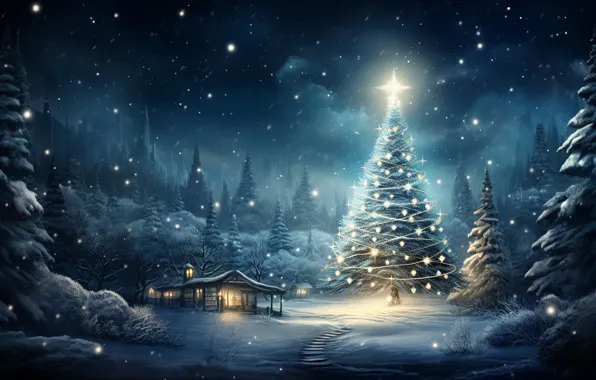 Winter, frost, forest, light, snow, night, lights, fog