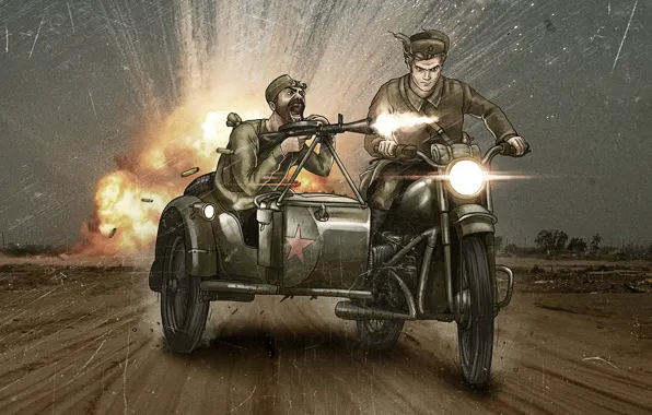 War, motorcycle, men, comic, machine gun
