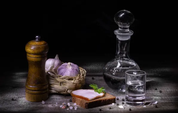 The dark background, bread, alcohol, still life, vodka, sandwich, items, glass