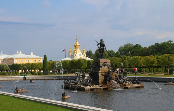 Summer, the sky, water, clouds, trees, building, Peter, fountain
