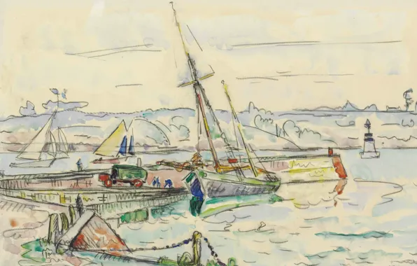 Figure, watercolor, Paul Signac, Lézardrieux. Sailboat at the Dock
