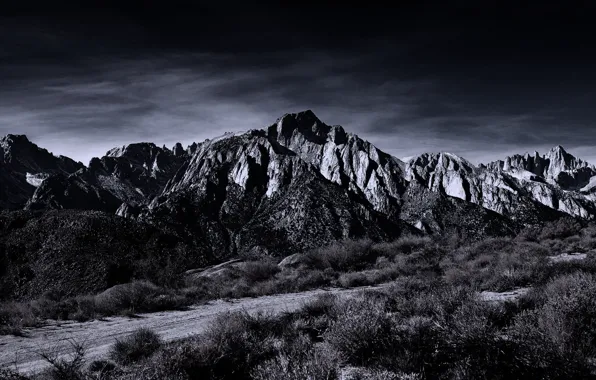 Picture the sky, clouds, mountains, nature, rocks, black and white, monochrome, shrubs