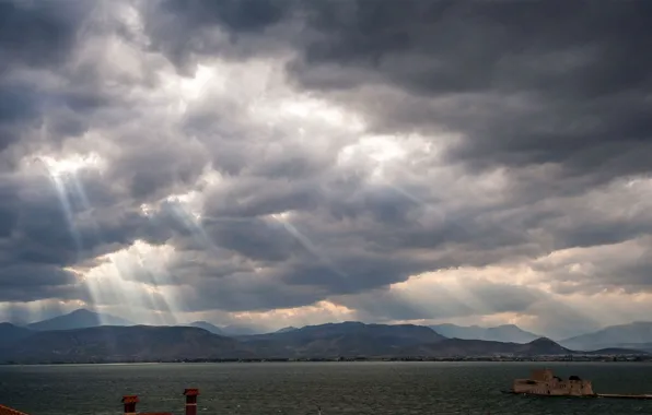 Picture sea, clouds, rays, mountains, Greece, The Saronic Gulf