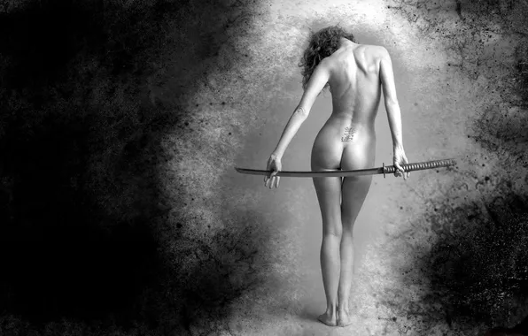 Girl, katana, art, black and white photo