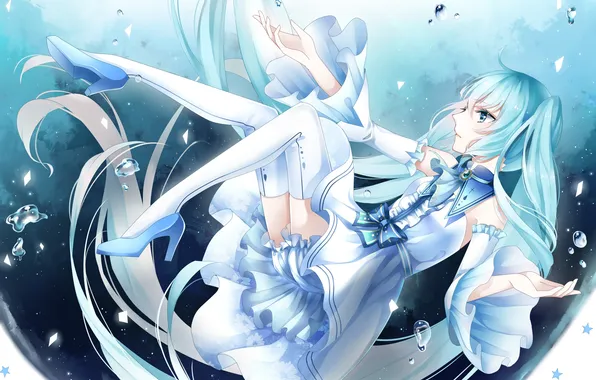 Girl, bubbles, stockings, anime, art, vocaloid, hatsune miku, under water