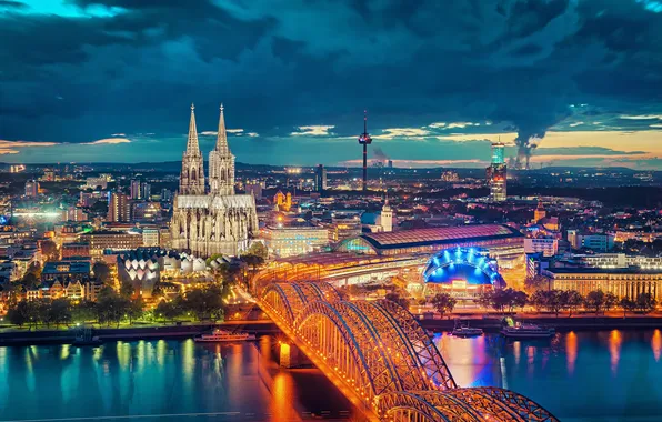 Picture bridge, the city, lights, river, the evening, Germany, Cologne Cathedral, Cologne