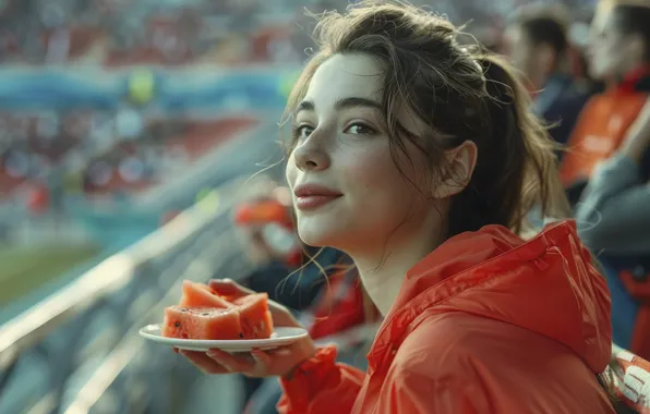 Look, girl, smile, people, portrait, watermelon, jacket, plate