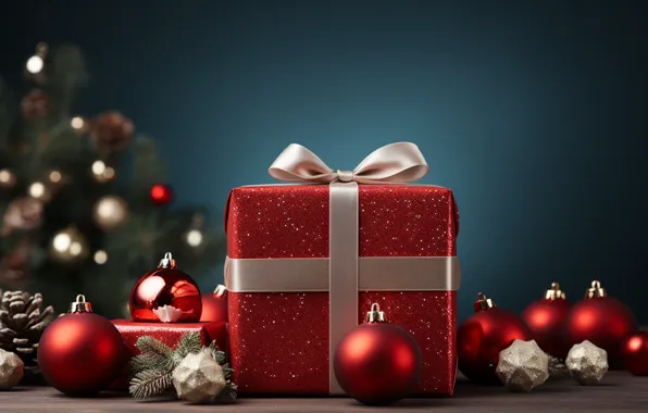 Balls, gift, Christmas, New year, bow, bow, Christmas decorations, gift box