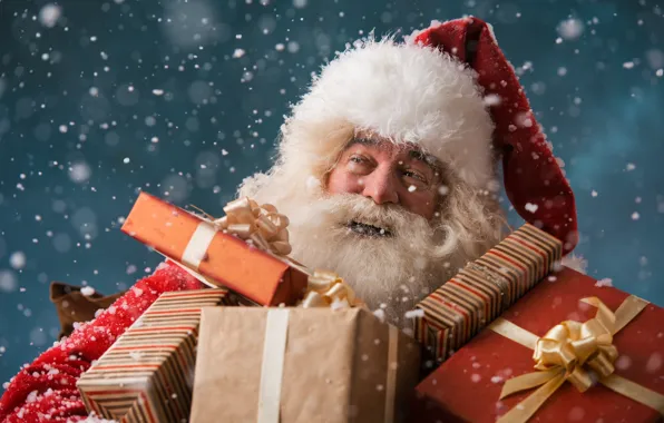 Winter, snow, New Year, Christmas, gifts, Santa Claus, happy, Santa Claus