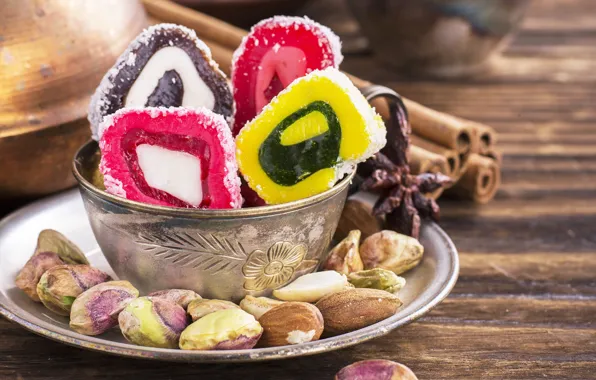 Nuts, cinnamon, nuts, marmalade, sweets