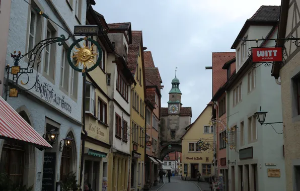 Street, watch, tower, home, Germany, Bayern, arch, Rothenburg Ob der Tauber