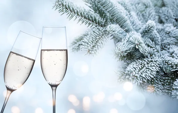 Winter, snow, branches, tree, New Year, glasses, frost, champagne