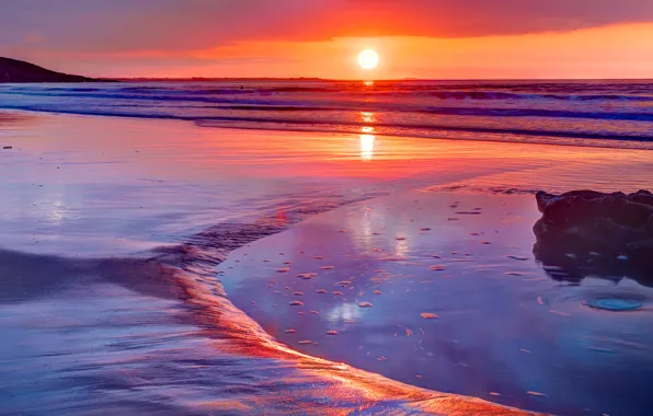 Sea, beach, the sky, sunset, bright, color, the evening, surf