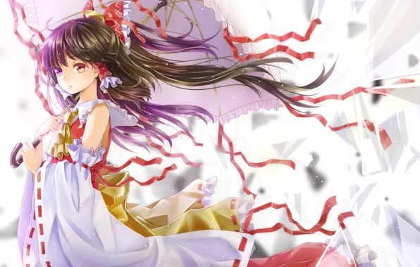 The wind, umbrella, priestess, long hair, touhou, art, red ribbon, shards of glass