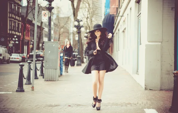 Girl, the city, Wallpaper, street, hat, wallpapers