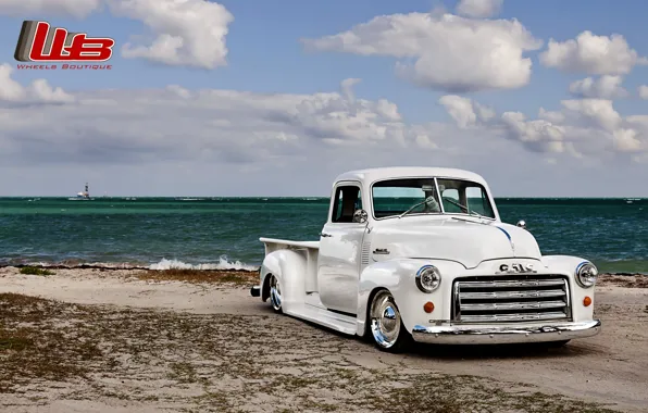 Picture white, beach, the sky, clouds, retro, shore, tuning, pickup