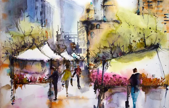 The city, picture, watercolor