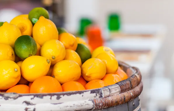 Picture focus, oranges, blur, lime, fruit, barrel, citrus, lemons