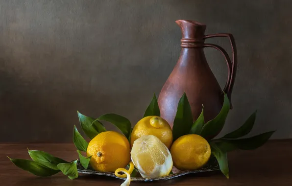 Leaves, pitcher, still life, lemons, tray
