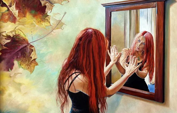 Leaves, girl, reflection, mirror, Vladimir Kuklinski