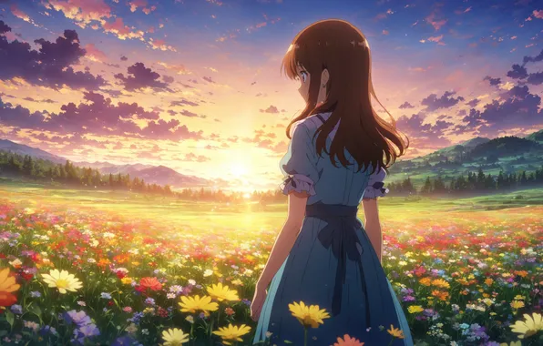 Field, the sun, landscape, sunset, flowers, woman, anime, field